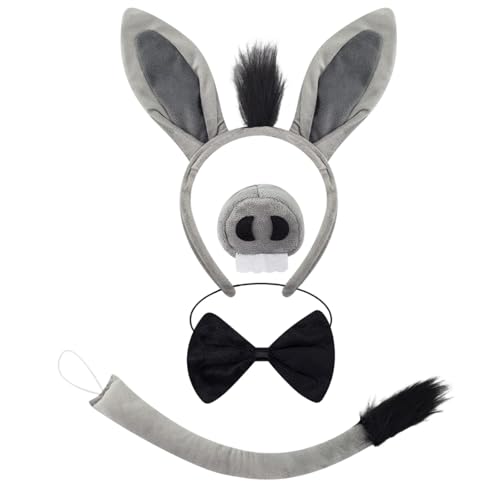 BOGCLEE 4 Pièces Costume de Âne, Costume Animaux Âne, Ensemble Habillage Animaux, Oreilles Bandeau et Queue d'Âne Nez Nœud Papillon Ensemble, pour Cosplay Halloween Carnaval Thème Fête