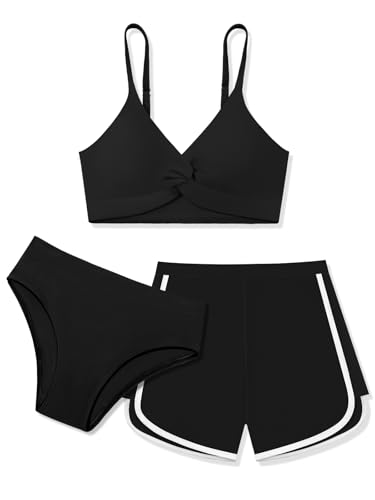 Mädchen-Badeanzüge mit Shorts, gedrehtes Kreuz-Bikini-Set, Teenager, Mädchen, Badeanzug mit verstellbaren Schultergurten, Schwarz, 11-12 Jahre