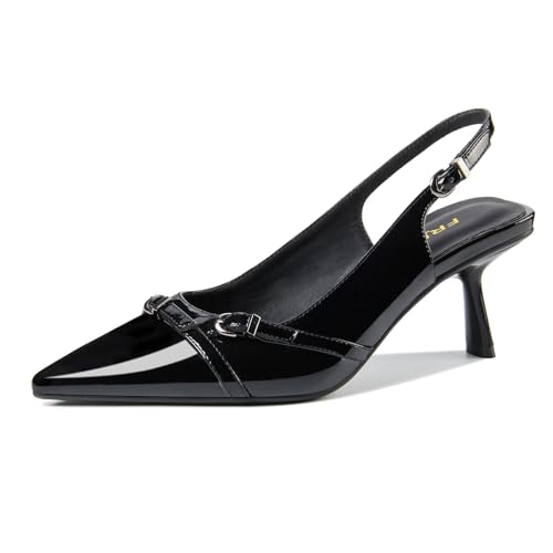 Image of Kitten Heels for Women Closed Pointed Toe Heels Patent Leather Low Heel Slingback Dress Shoes Feature Adjustable Buckle for Date Party Work Office Comfortable Sexy Pumps Shoes