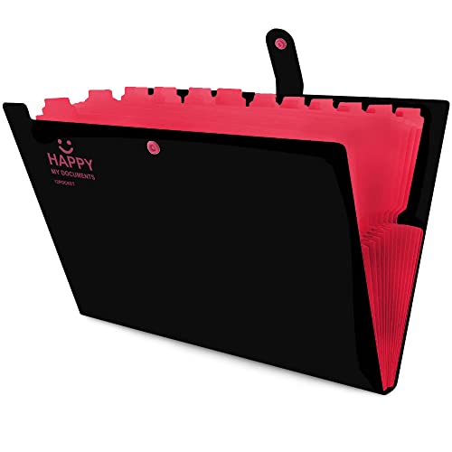 Carpeta Clasificadora, Organizador Documentos, Acordeón Carpeta, Alta Capacidad, con 12 Compartimentos, para Herramientas Escolares y de Oficina (Negro) Cover