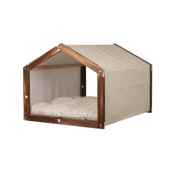 Dog-House-with-Wooden-Frame-for-Small-Dogs-or-Cats-Pet-House-with-Fabric-Cushion-for-Indoor-Beige Wooden Puppy Dog House