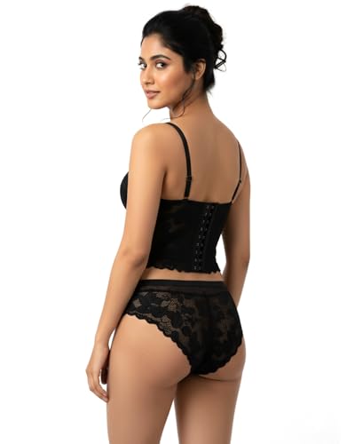 Image of Fashiol Women Lace Longline Bra | Lightly Padded Bustier Style Innerwear | Adjustable Strap Comfortable Everyday Bra and Panty Set Black and Skin