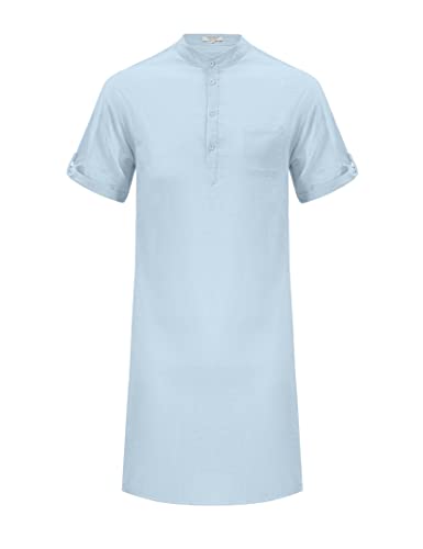 TURETRENDY Men's Linen Kaftan Thobe Short Sleeve Robe Gown Casual Longline T Shirts for Beach4