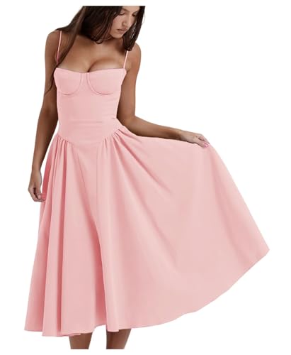 Jinsha Damen Vintage Sexy Sommerkleid Langes Dress A-Linie Ärmellos Spaghettiträger Freizeitkleid Beach Urlaub Cocktail Party Camisole Dress...