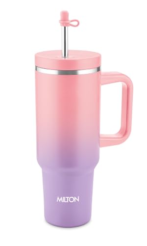 Image of Milton My Tumbler Canvas 1200 Thermosteel Double Wall Vacuum Insulated SS Tumbler with Handle 1100ml, Leak Proof Travel Mug, Straw, Silicon Cap Cleaning Brush, Hot & Cold Beverage Flask, Pink & Purple