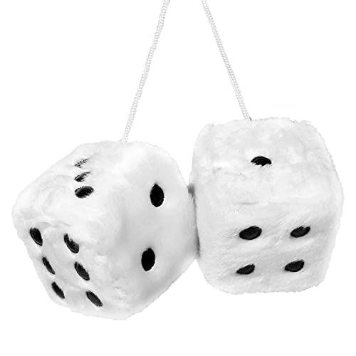 Abnaok Fluffy Dice for Car 2.4 x 2.4 Car Hanging Furry Dice Pair of Retro Square Car Pendant with Dots for Car Interior Ornament Decoration Car Mirror Hanging Accessories (White)