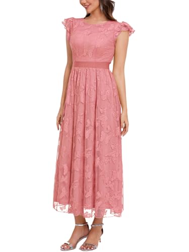 Image of Women's Casual Tulle Midi Dress Ruffle Sleeve Crewneck Lace Flowy Dresses Party Wedding Guest Sundress