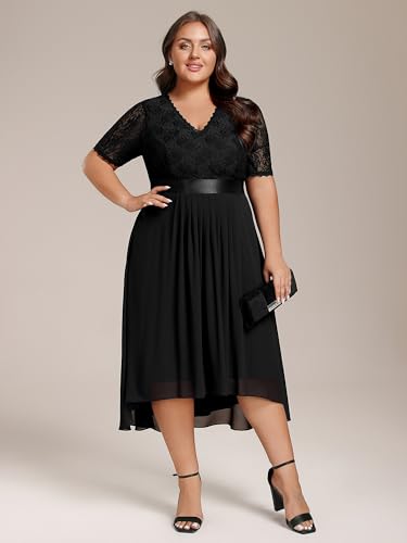 Image of Ever-Pretty Women's V Neck Pleated A Line Lace Chiffon Half Sleeves Midi Plus Size Cocktail Wedding Guest Dresses Black US18