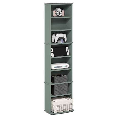 Furinno Jaya DVD Shelf, 8-Tier Tall Narrow CD Rack, Media Shelf with Adjustable Shelves, DVD Storage Cabinets for CD Blueray Game Disc, Easy Assembly, for Living Room, Home Office, Sage Green