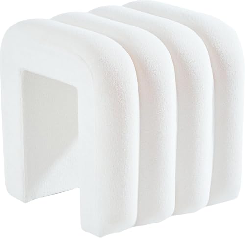 Madera Nieve Taburete Puff de Borreguito Blanco con Base de Madera en Forma de Arco – Asiento Cúbico Tipo Otomana, Puff Decorativo para Salón, Dormitorio o Entrada