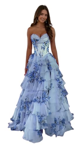 Tiered Floral Print Prom Dresses Long Ball Gown Tulle Formal Dress Strapless Evening Gown Sweetheart Party Dress