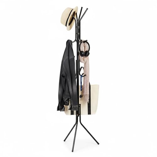 Taylor & Brown Coat Rack Stand 172cm Steel Hat Stand Coat Stands with 12 Hooks – Clothes Hanger for Jackets, Hats, Scarves, Bags & Umbrellas Space Saving Design Non-Slip Feet, Black