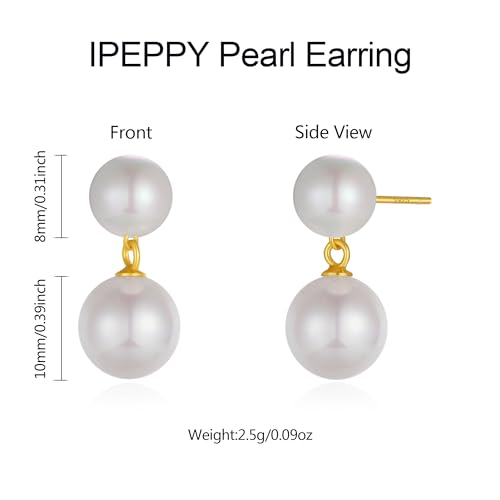 Double Bead Pearl Earrings for Women 925 Sterling Silver Gold Big Pearl Lightweight Ball Stud Earrings Trendy Dangle Drop Earring Bridal Wedding Jewelry Birthday Christmas Gift for Her4