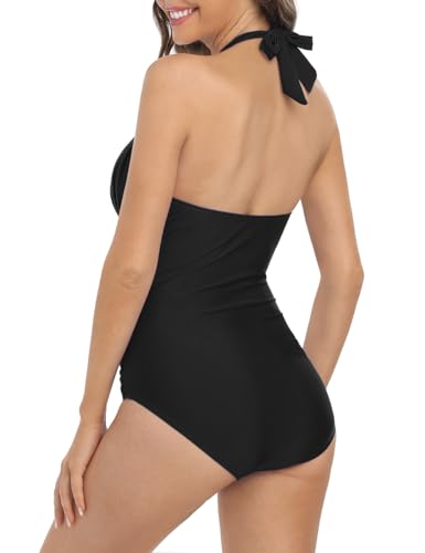 Women's One Piece Swimsuits V Neck Shirred Swimwear Tummy Control Halter Bathing Suits Monokini Black 123