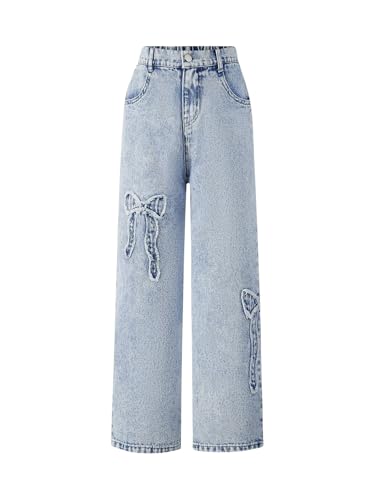 WDIRARA Girl's Bowknot Print Washed Jean Elastic Waist Denim Pants Straight Leg Trousers with Pockets