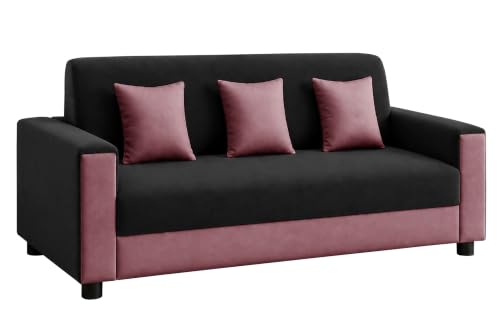 Image of 3 Seater Wooden Sofa | Velvet Fabric Couch with Cushions | Comfortable Living Room Sofa | Sturdy Wooden Frame | Home & Office Furniture | Black & Rose Pink