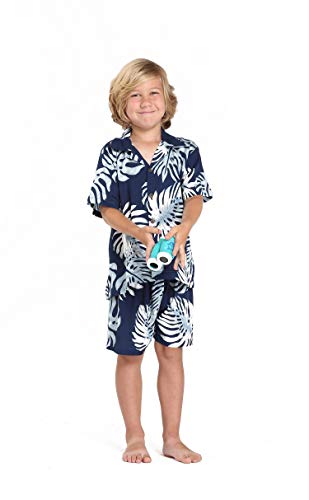 Image of Boy Hawaiian Shirt and Shorts Cabana Set in Palm Leaves in Navy Size 8