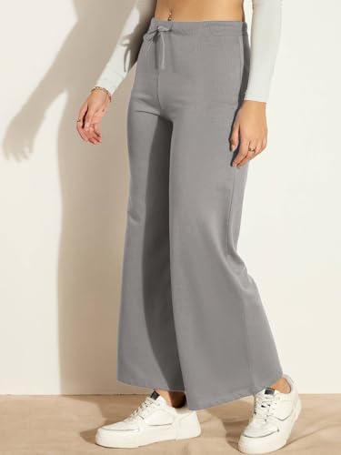 Image of Vogaan Women's Cotton Blend Wide Leg Pants | Drawstring Waist Casual Solid Track Pants for Women
