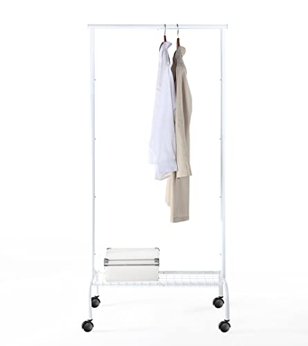 SunnyPoint Rolling Garment Rack with Shelf – Heavy-Duty Metal Clothing Rack on Wheels, 64.9” Tall Clothes Organizer with Bottom Storage, White
