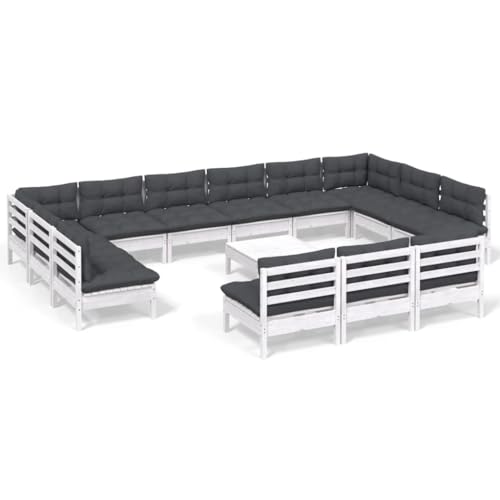 vidaXL 14-TLG. Garten-Lounge-Set mit Kissen Weiß Kiefer Massivholz