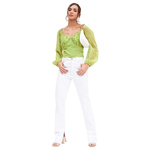 Image of Kibo Casual Women's Polyester Light Green V Neck Polka-dot Crop Top