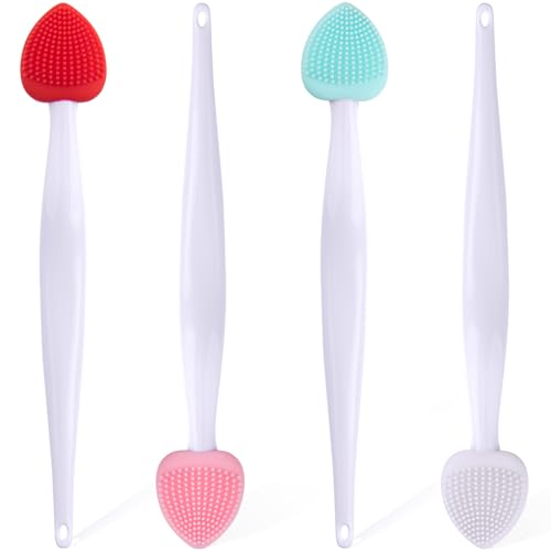 Winsyison 4pcs Silicone Lip Scrub Brush, Double-Sided Lip Exfoliator Brush for Dark Lips, Heart Shape Lip Scrubber Tool for Removing Dead Skin- Pink & Green & Red & White