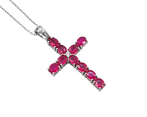 Generic July Birthstone Natural Red Ruby 5X4 Mm Gemstone 925 Sterling Silver Cross Pendant Necklace Ruby Jewelry Engagement Gift For Her(Pd-8324) (19 Inches cover