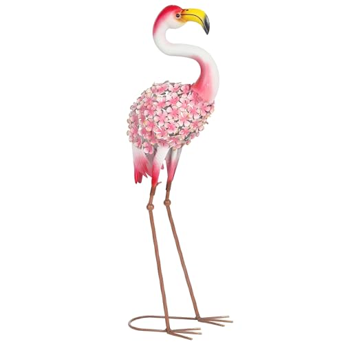Outsunny Statue de Jardin Flamant Rose, Sculpture d'Oiseau en Métal avec Plumes Florales,...