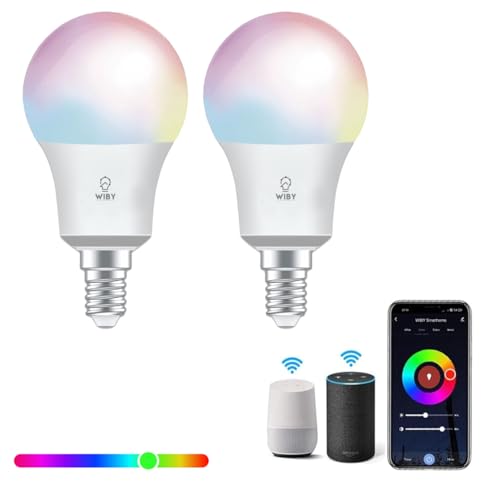 Wiby Lampadina LED Smart, Attacco E14, 8W RGBWW, Dimmerabile 2700K/6500K, 806lm, Compatibile con Alexa & Google Home, Controllo App, Wi-Fi 2,4 GHz, 2 unità