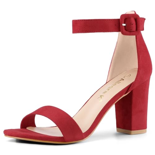 Image of Allegra K Women's Open Toe Chunky High Heel Buckle Ankle Strap Sandals | 3 3 /8 inches Heels with Faux Suede, Comfortable Block Heels Sandal for Women, Summer Dressy Shoes