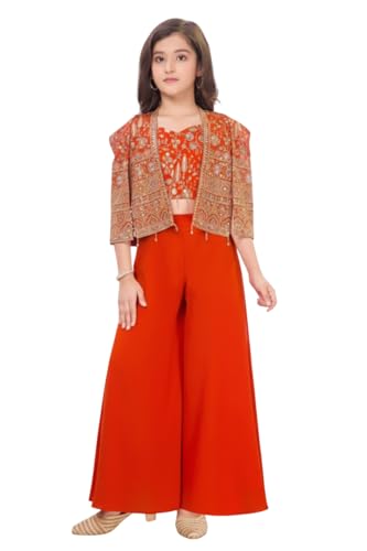 Image of White Button Girls Lemon Yellow Indo Western Set | Floral Print & Sequin Work Haldi Special