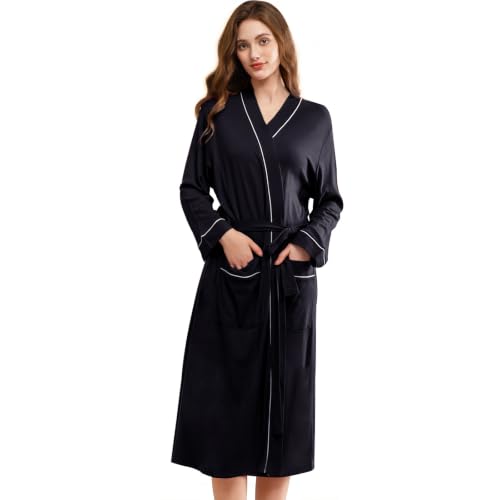 Women's Robes Lightweight Soft Cotton Blend, Ladies Bathrobe Absorbent Breathable Kimono Robe with Pockets,BLACK,M - image 1