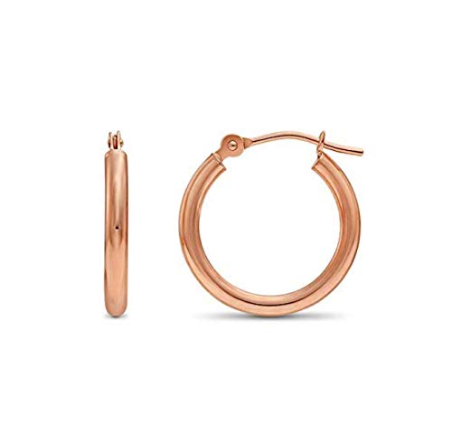 TILO JEWELRY 14K Rose Gold Classic Shiny Polished Round Hoop Earrings, 2mm Tube (16mm (0.63 inch))