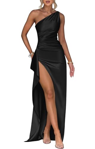 Memoriesea Women's Plus Size Satin Sexy One Shoulder High Split Cocktail Wedding Party Maxi Dress