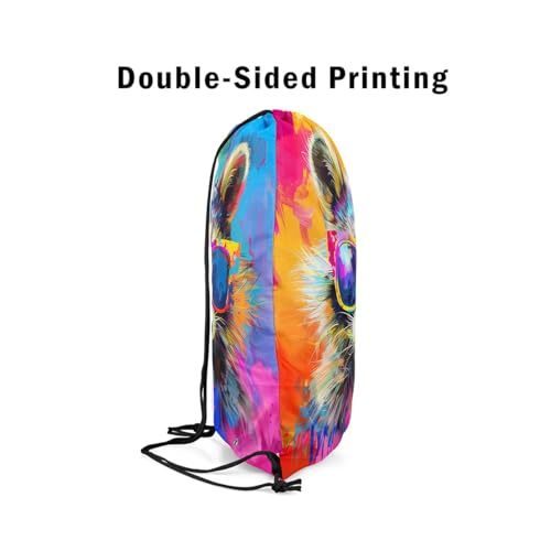 Cute Raccoon Drawstring Backpack,Colorful Pigment Tie Dye Animals Waterproof Sports Gym Bag,Watercolor Cartoon Raccoon Modern Art Large Capacity for Travelling,Swimming,Beach4