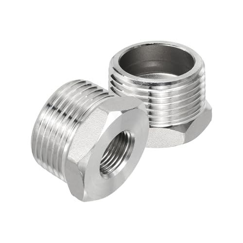 PATIKIL 304 Stainless Steel Reducer Hex Bushing 2 Pcs, 1 BSPT Male to 3/8 BSPT Female Pipe Reducing Adapter Fitting Connector for Water Gas Hydraulic Pipes Shower Hose, Silver