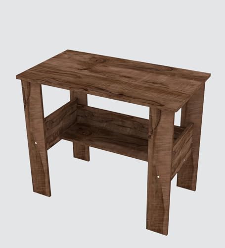 Image of Compact Study Desk with Storage Shelf, Brown Wood Finish, Space-Saving Home Office Table, 90x50x74 cm, DIY Assembly