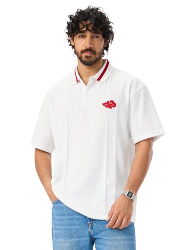 Image of The Souled Store Naruto Shippuden: Akatsuki Outlaws Men and Boys Short Sleeves Collared Neck White Embroidered Cotton Blend Oversized Polos