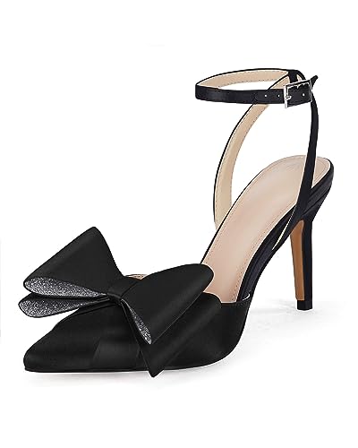 Coutgo Bow Black Heels for Women Rhinestone Closed Toe High Heel Strappy Dress Wedding Bridal Pumps Shoes