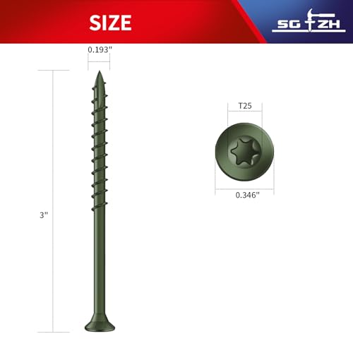 Image of #9 x 3 Inch Deck Screws (69Pcs) 1lb. Exterior Wood Screws. Carbon Steel, Green, Flat Head, Rust Resistant epoxy Coated, with T25 Star Bit