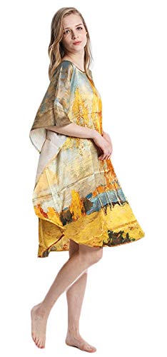 Grace Silk 100% Silk Nightgown, Autumn Foliage Oil Painting, Multicoloured