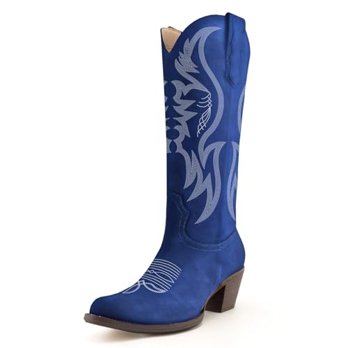 Image of KaroNairy Women Cowboy Boots Faux Suede Embroidered Pointed Thick Heeled Western Wide Calf Cowgirl Ponited Toe Mid Calf Boots