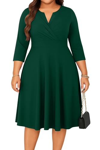 Runwind Women’s Plus Size Midi Dress 3/4 Sleeve Fit and Flare Cocktail Dresses Casusl V-Neck Dress with Pockets Green