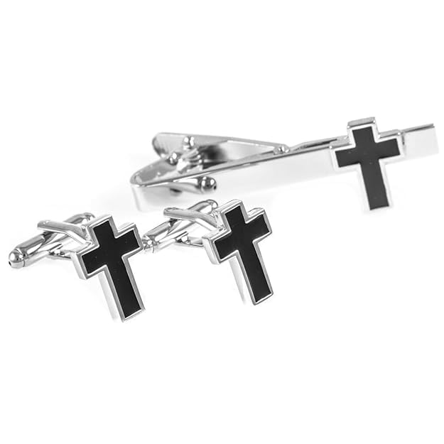 moskai Men’s Black Cross Cufflink and Tie Pin Set | Silver Metal Christian Cross Cufflinks & Tie Clip Combo | Religious Gift Set for Men | Elegant Formal Suit Accessories for Wedding, Church & Office Wear-picture-22