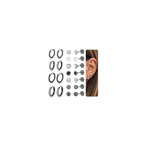 CASSIECA 11Paar Ohrringe Schwarzfür Damen Herren Hypoallergene Ohrringe mit Flacher Verschluss und 925 Sterling Silber Creolen für Mehrere Piercings Helix Knorpel Tragus Conch Piercing Schmuck