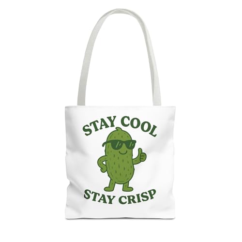 Stay Cool Stay Crisp Tote Bag, Funny Pickle Pun Reusable Grocery Bag, Cute Retro Pickle Design
