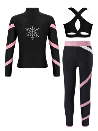 Kids Girls Figure Ice Skating Gym Training Suit Zipper Jacket Sleeveless Crop Top with Leggings Set2
