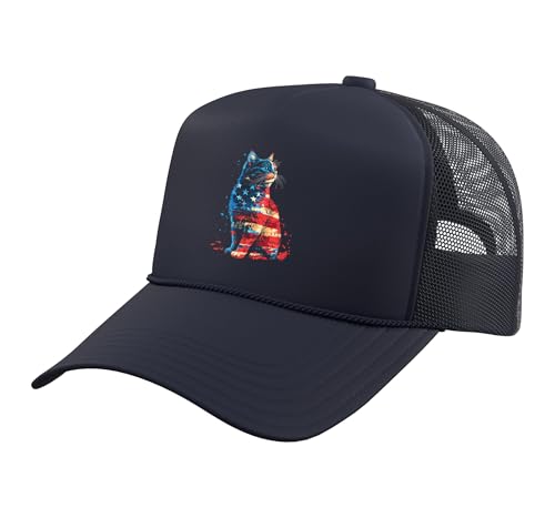Patriotic Cat American Flag Buffalo 4th of July Cat Lover Trucker Hat with Adjustable Mesh Back, Navy Blue