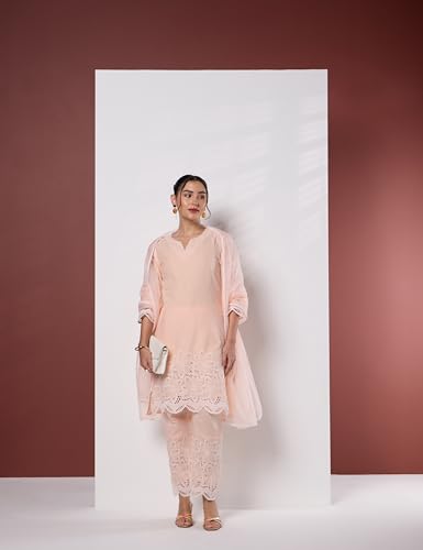 Image of Amazon Brand - Myx Women's Pure Cotton Schiffli Embroidered Kurta Set with Dupatta (Available in Plus Sizes)