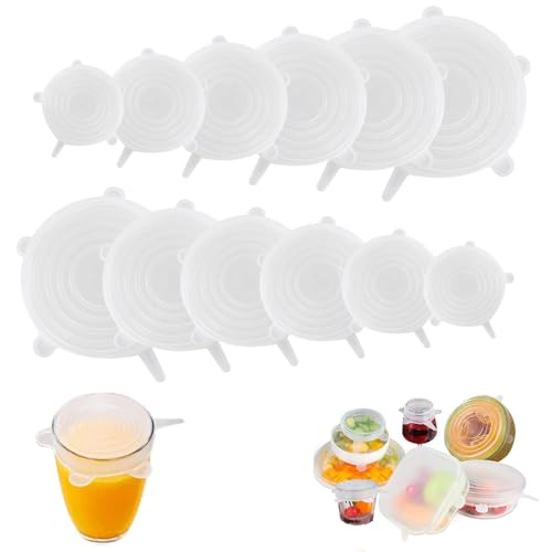 12 Stück Silikondeckel, Silikondeckel Dehnbar, Silikon Stretch Deckel Wiederverwendbar Silikon Abdeckung, Rund Silicone Lids, Silikondeckels für Schüsseln Anwendbar auf Schüsseln, Becher, Dosen, Obst